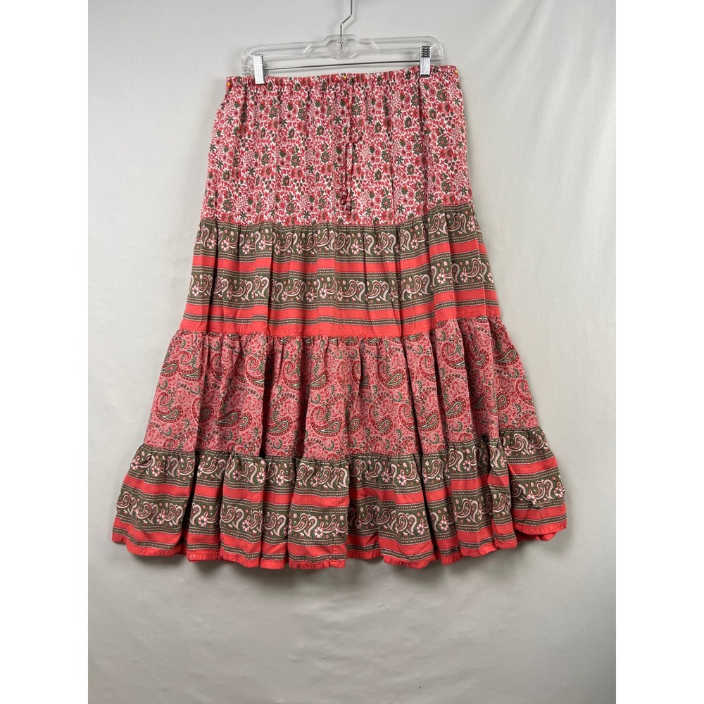 White Stag Maxi Skirt Women Medium M 8/10 Coral Floral Paisley Tiered Rayon Boho